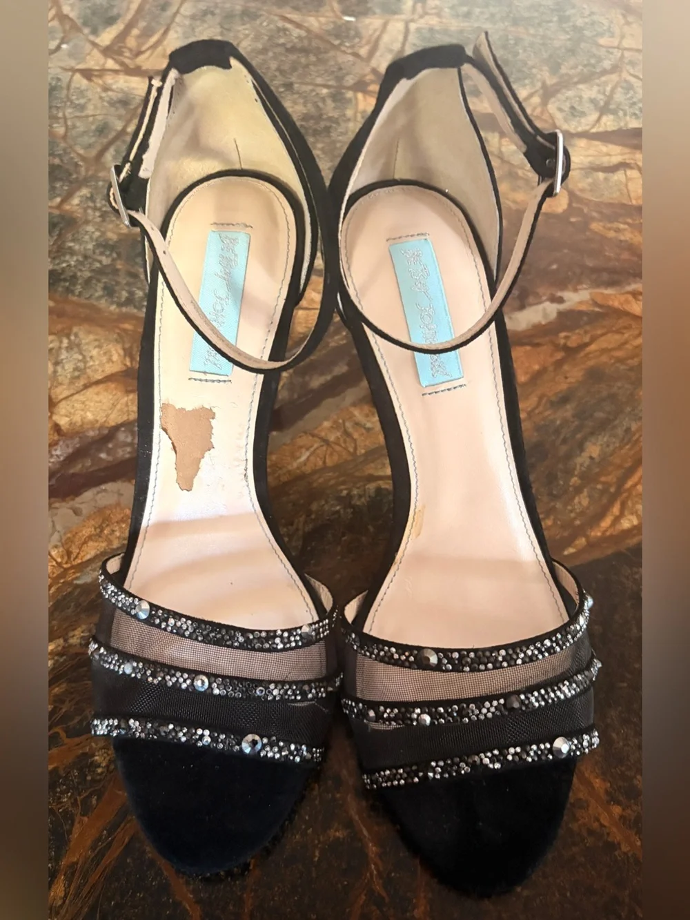 Betsy Johnson Black Embellished Open-Toe Heels
